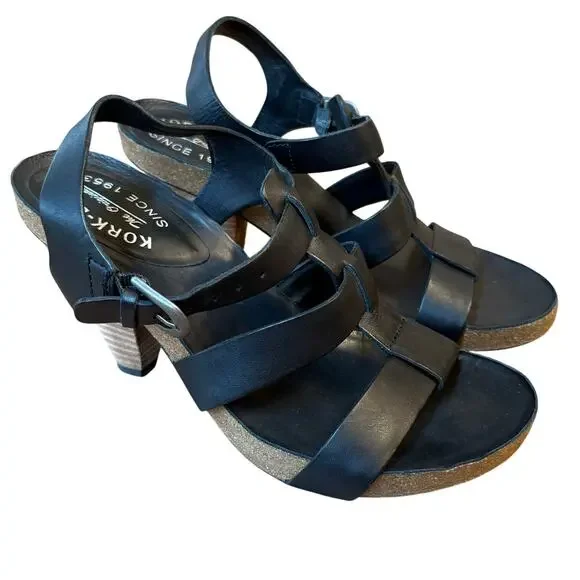 Kork-Ease Elinor Sandal Heel Genuine Leather Cork Strappy Black US 8 EU 39 - Picture 1 of 12